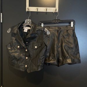 Black Faux Leather Pleather Vest & Shorts Set